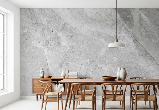 Dining room with wood table, wishbone chairs and pendant on gray marble wallpaper GD14028