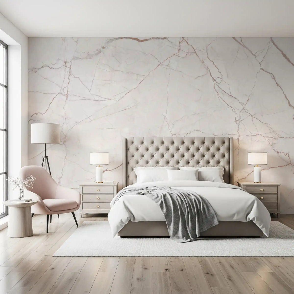 Papier peint panoramique à veinures de marbre crème discrètes
