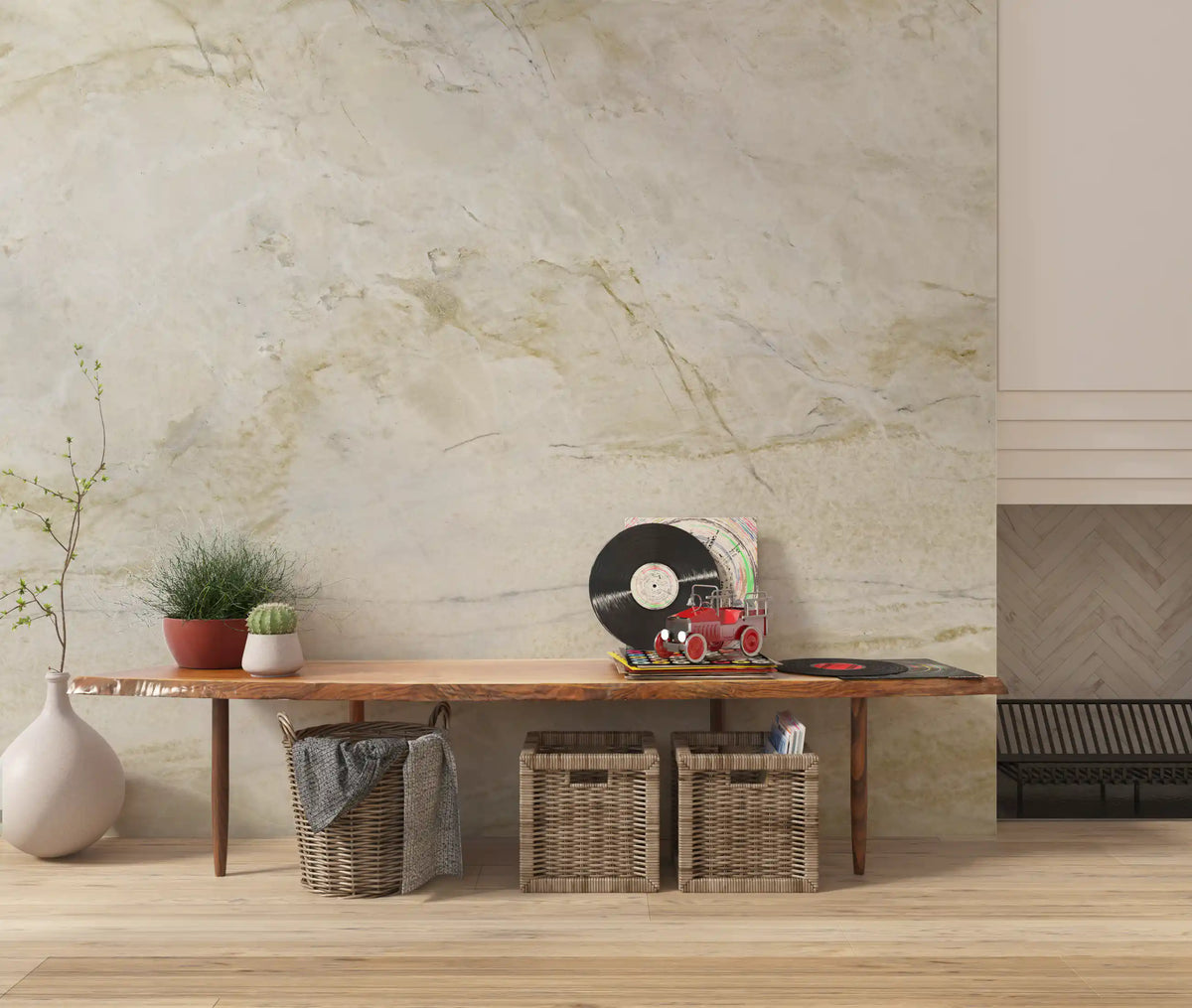 Wandbild mit Marmoradern in Creme und Gold