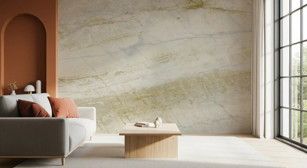 Papier peint mural panoramique en pierre crème veinée d’or