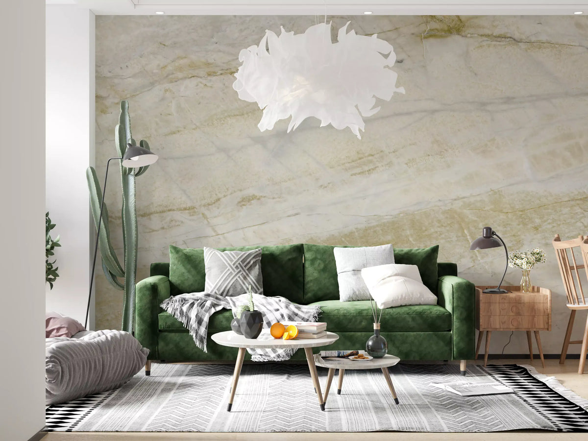 Papier peint mural panoramique en pierre crème veinée d’or