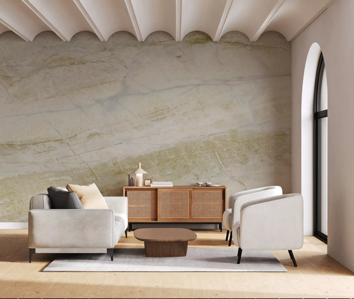 Papier peint mural panoramique en pierre crème veinée d’or