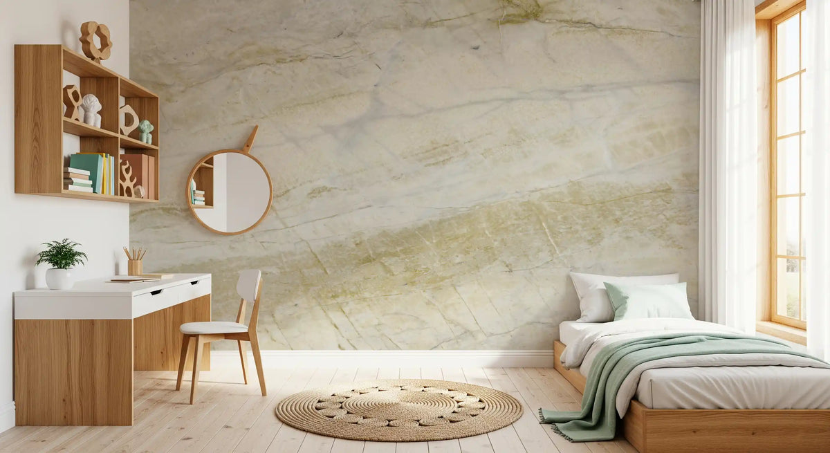 Papier peint mural panoramique en pierre crème veinée d’or