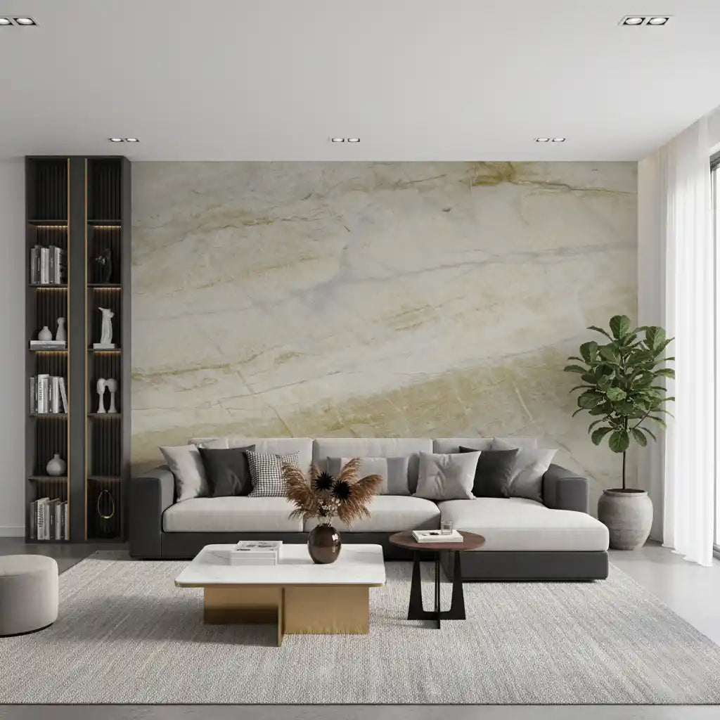 Papier peint mural panoramique en pierre crème veinée d’or