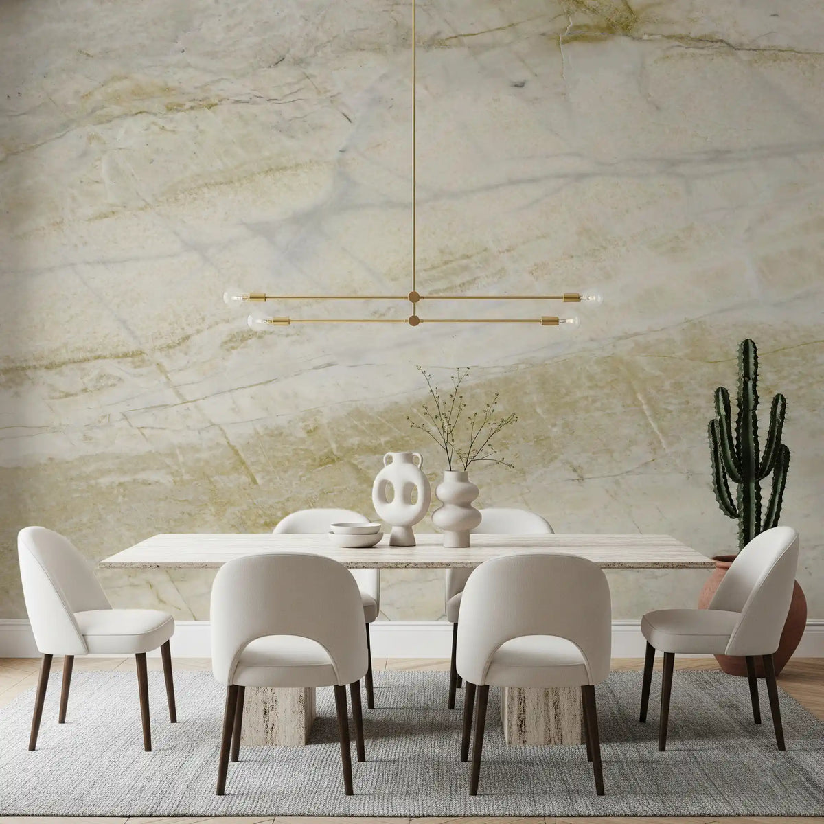 Papier peint mural panoramique en pierre crème veinée d’or