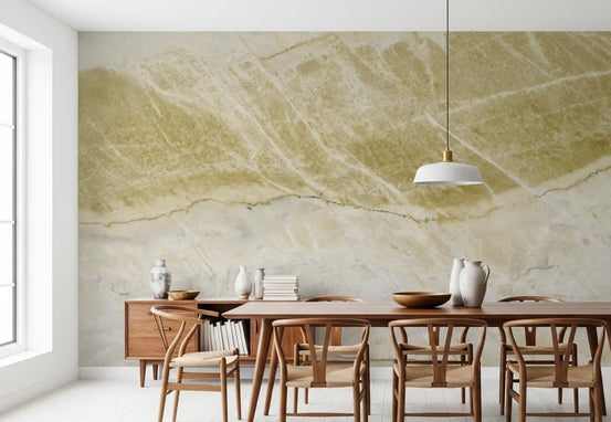 Long wood dining table, wooden chairs and white pendant on golden ochre marble wallpaper GD14063