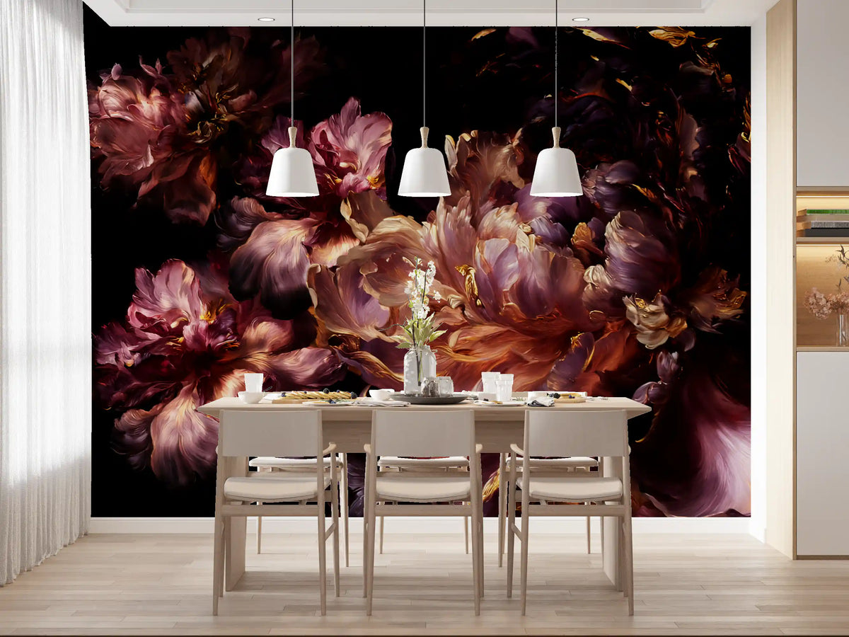 Papier peint panoramique à fleurs sombres dorées