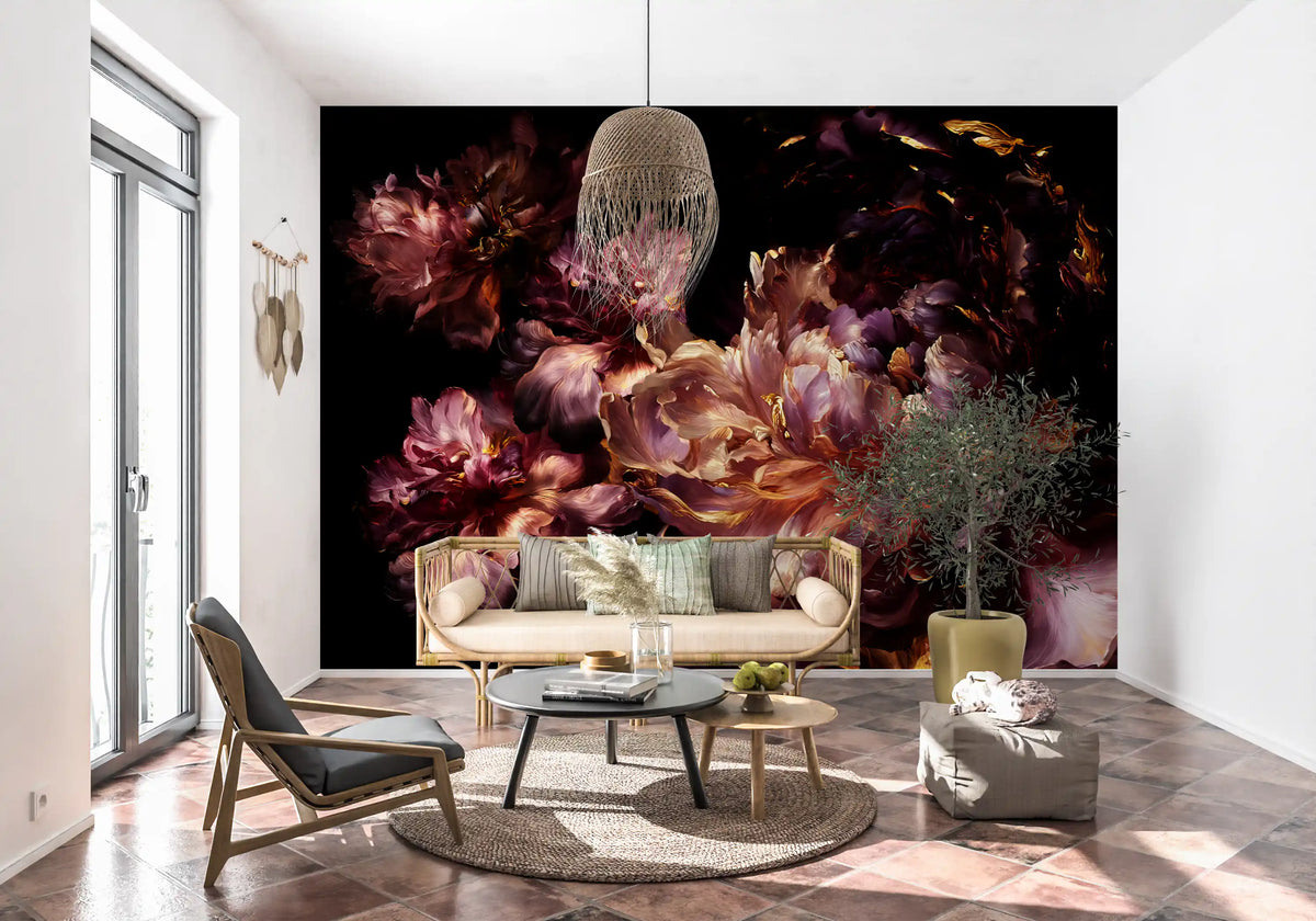 Papier peint panoramique à fleurs sombres dorées
