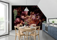 Papier peint panoramique à fleurs sombres dorées