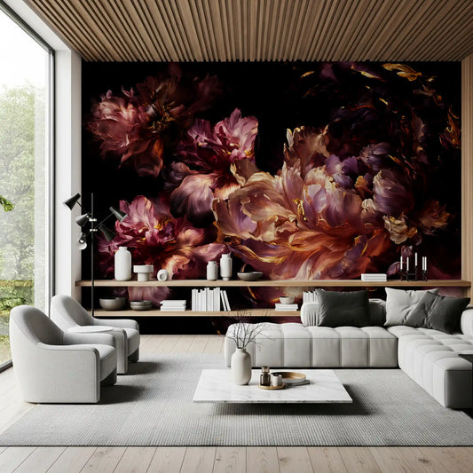Förgylld mörk blommig väggmålning med blomning