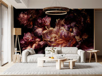Papier peint panoramique à fleurs sombres dorées
