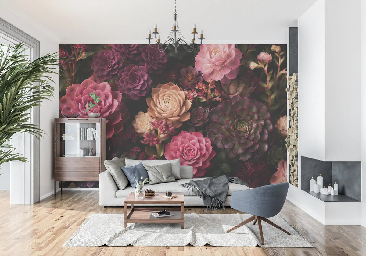Väggmålning med suckulenter i blomning vid midnatt