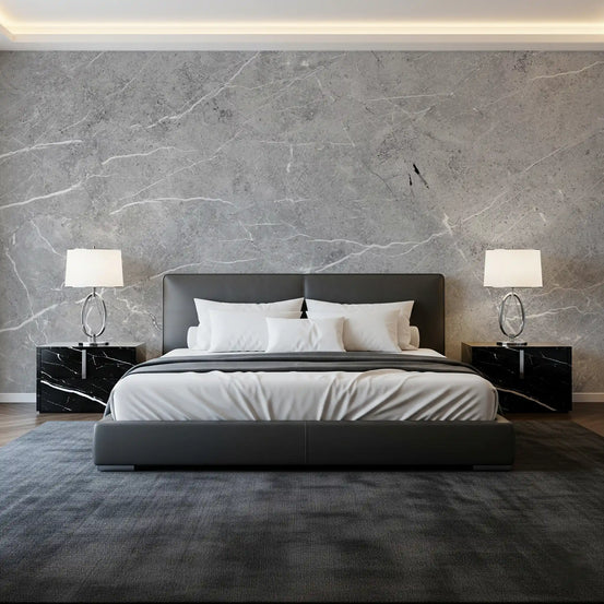 Bedroom with dark gray bed and black marble nightstands on gray marble wallpaper GD14082
