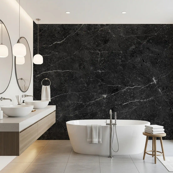 Black marble wallpaper mural behind white freestanding tub and double vanity GD14085