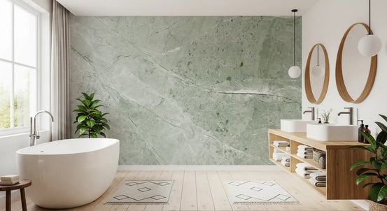 Bathroom with freestanding tub, round wood mirrors and double vanity on sage green marble wallpaper GD14092