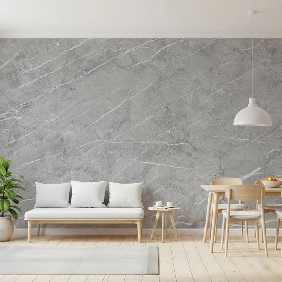 Cool gray marble wallpaper behind a white bench sofa and oak dining set GD14103