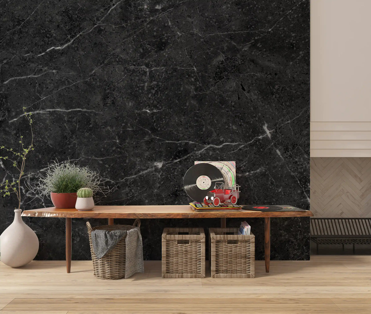Dark Charcoal Veined Stone Texture Wall Mural