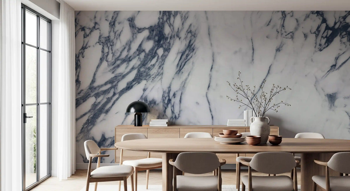 Classic Navy and White Marble Veins Wall Mural