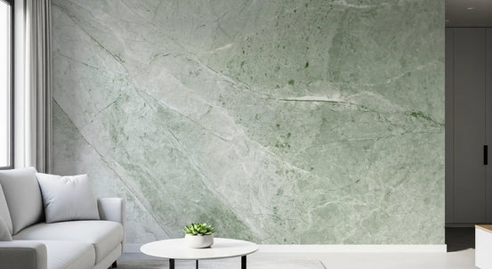Marble wallpaper mural beside white sofa and small round side table with succulent GD14111