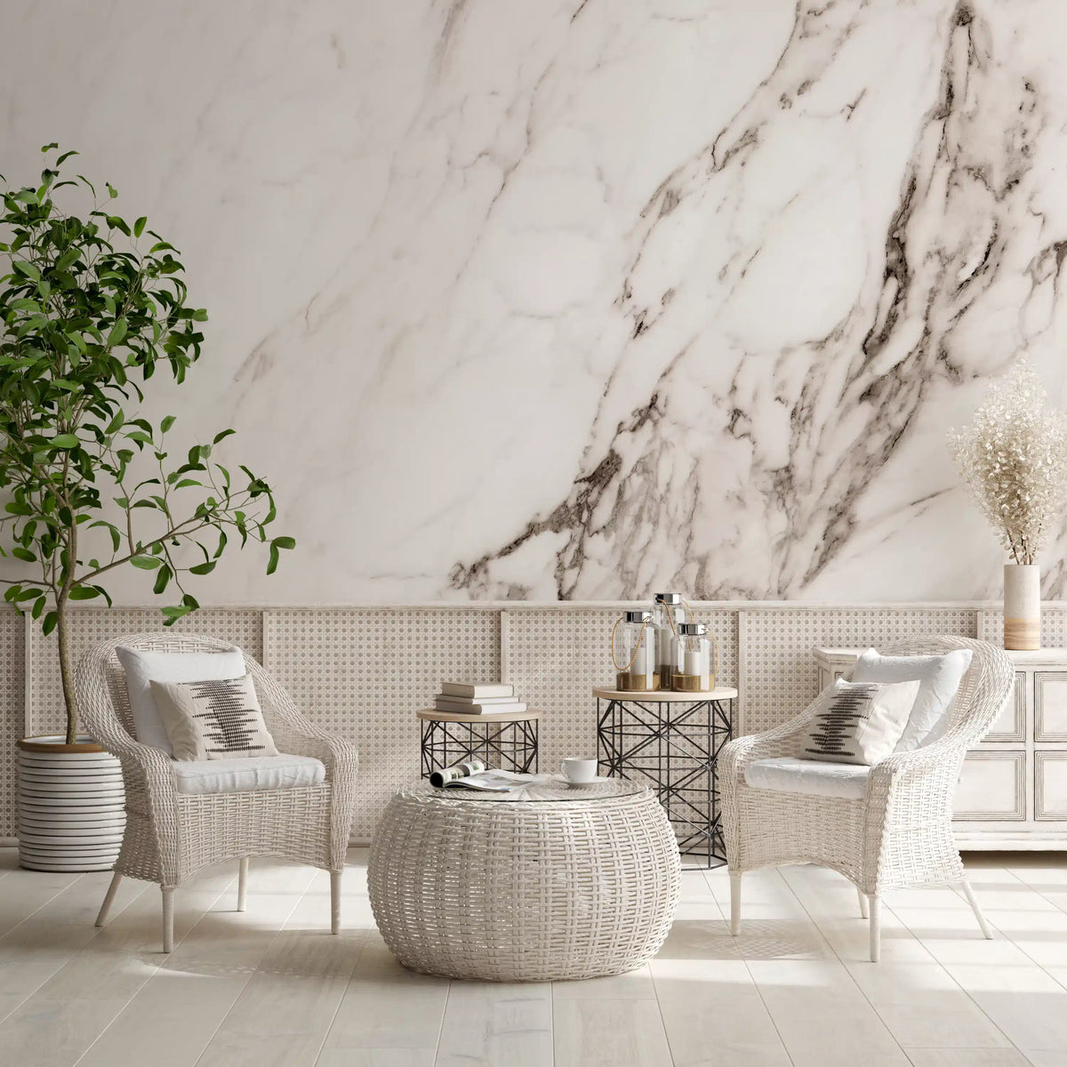 Muurschildering met de textuur van witte Calacatta-steen