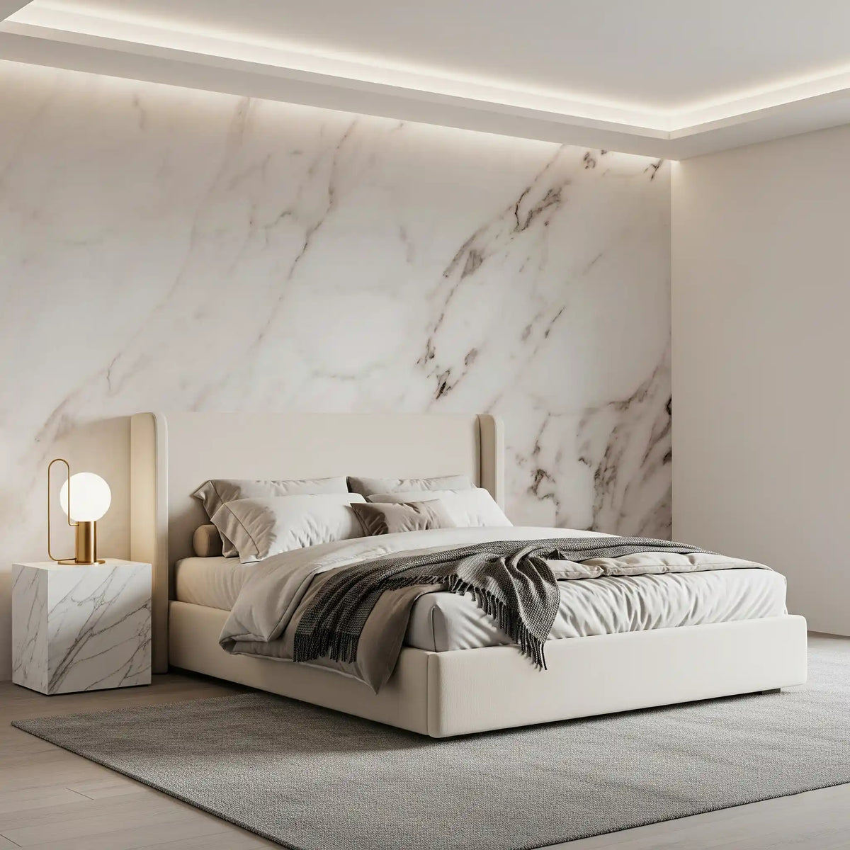 Muurschildering met de textuur van witte Calacatta-steen