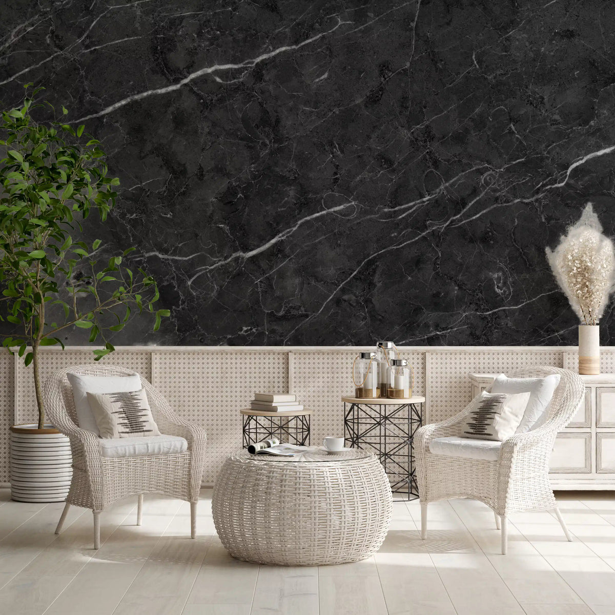 White wicker armchairs and round wicker table in front of black marble wallpaper GD14129
