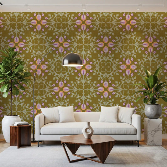 Symmetric Floral Renaissance on Olive Green Wallpaper⁠