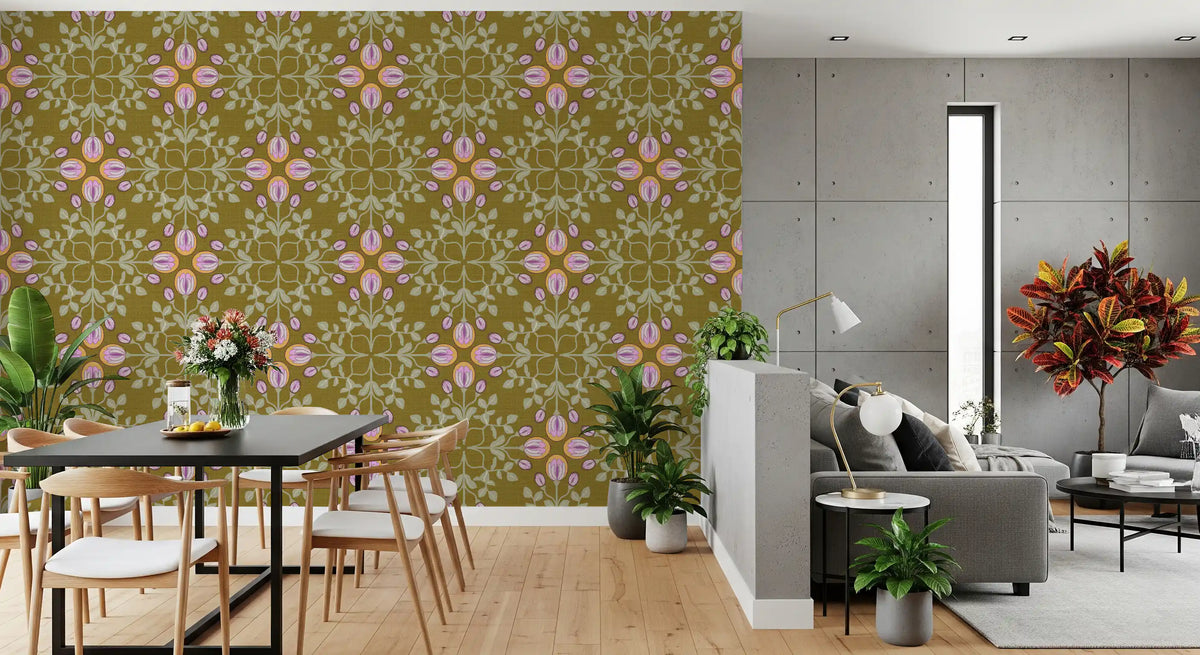 Symmetric Floral Renaissance on Olive Green Wallpaper⁠