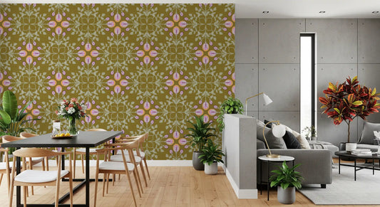 Symmetric Floral Renaissance on Olive Green Wallpaper⁠
