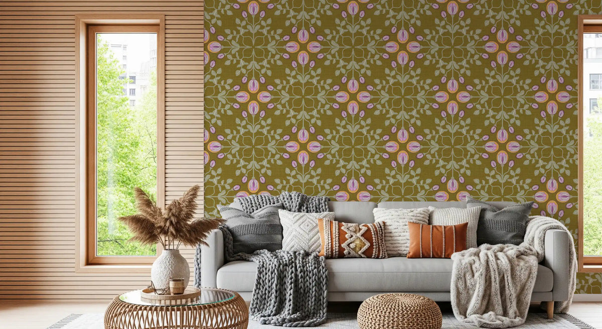 Symmetric Floral Renaissance on Olive Green Wallpaper⁠