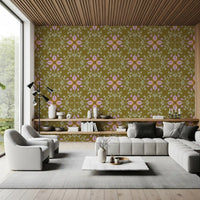 Symmetric Floral Renaissance on Olive Green Wallpaper⁠