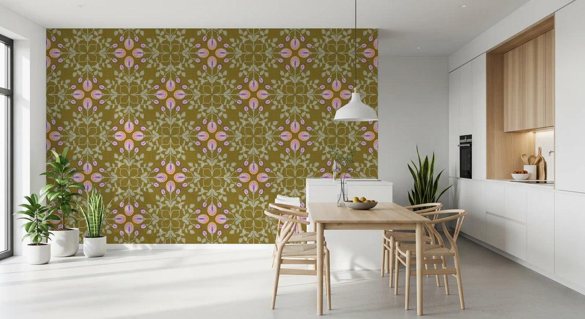 Symmetric Floral Renaissance on Olive Green Wallpaper⁠