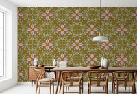 Symmetric Floral Renaissance on Olive Green Wallpaper⁠