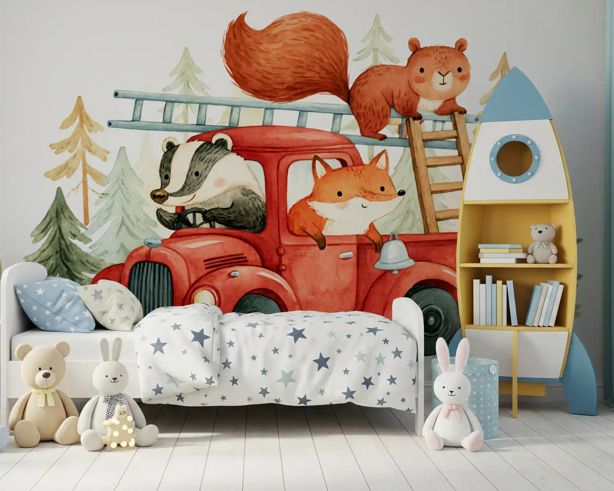 Wandbild mit Waldbrandlöschern und tierischem Abenteuer