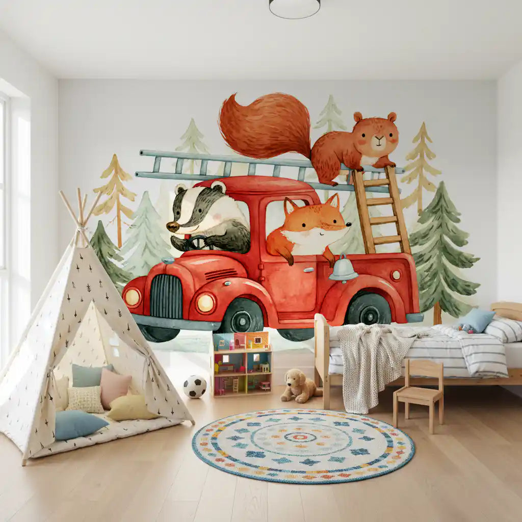 Wandbild mit Waldbrandlöschern und tierischem Abenteuer