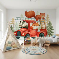 Wandbild mit Waldbrandlöschern und tierischem Abenteuer