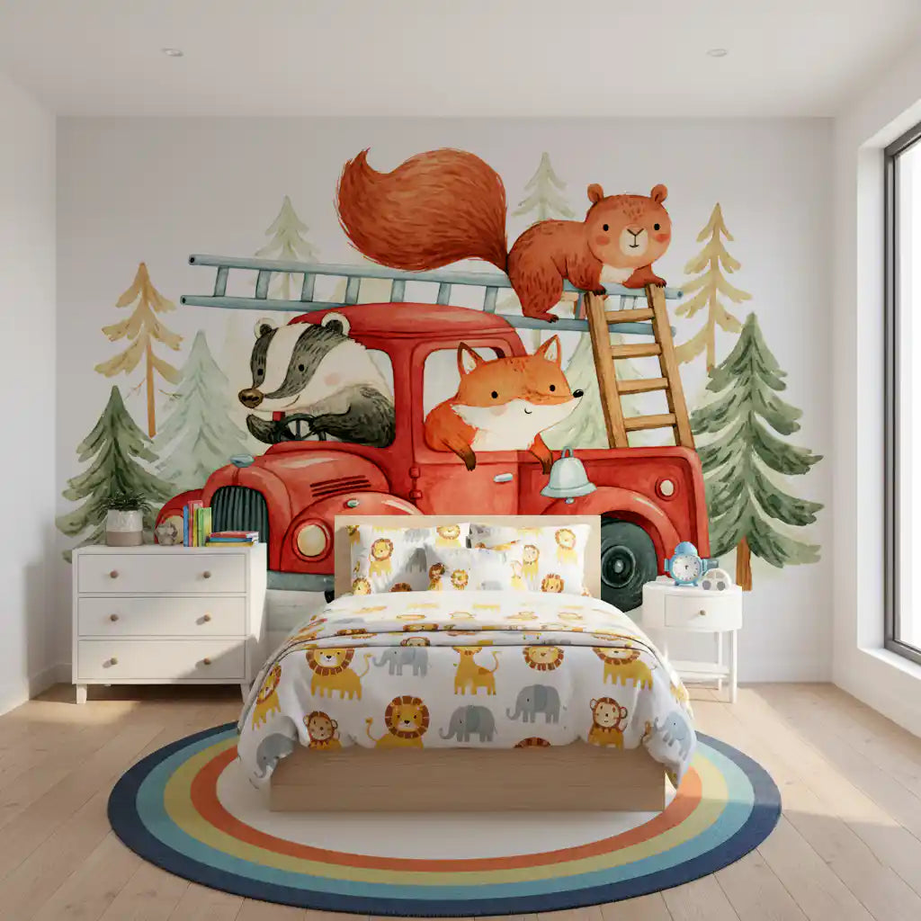 Wandbild mit Waldbrandlöschern und tierischem Abenteuer