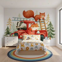 Wandbild mit Waldbrandlöschern und tierischem Abenteuer
