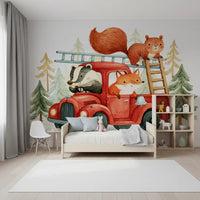 Wandbild mit Waldbrandlöschern und tierischem Abenteuer