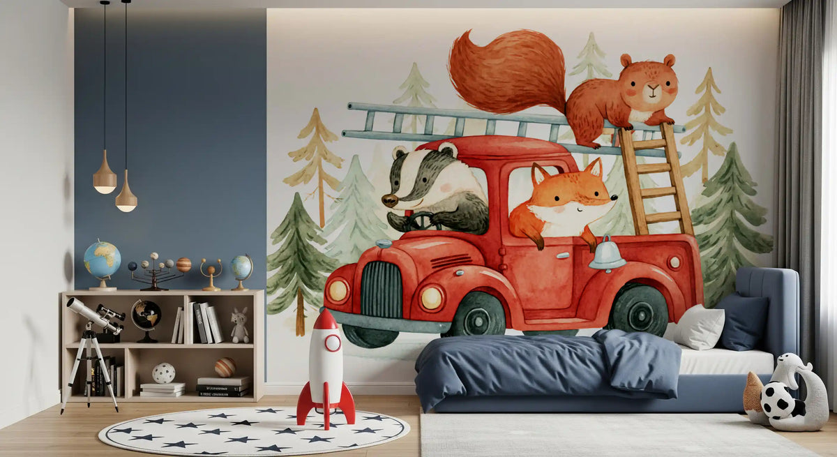 Wandbild mit Waldbrandlöschern und tierischem Abenteuer