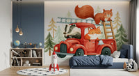 Wandbild mit Waldbrandlöschern und tierischem Abenteuer