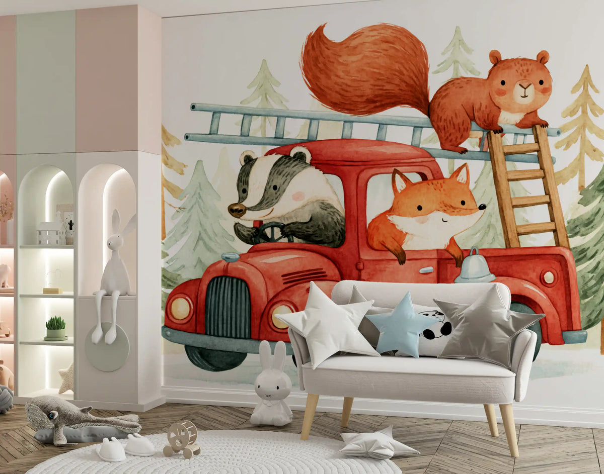 Wandbild mit Waldbrandlöschern und tierischem Abenteuer