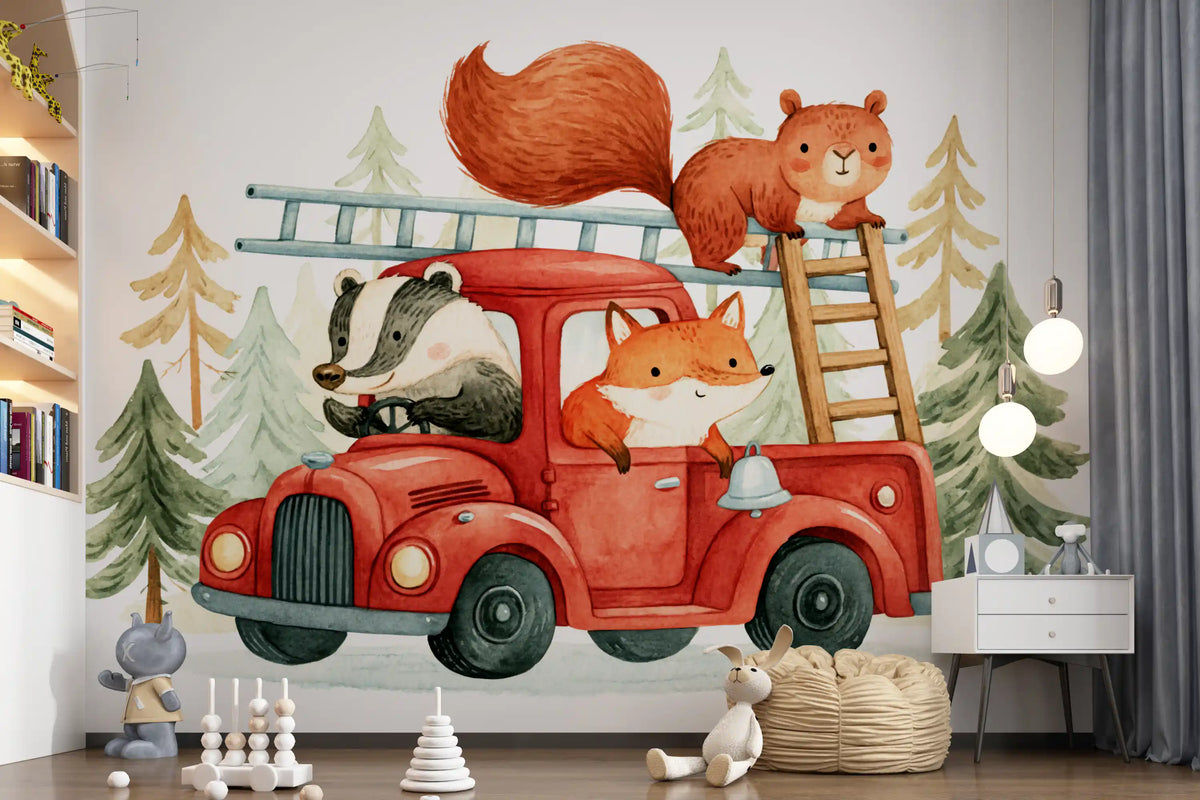 Wandbild mit Waldbrandlöschern und tierischem Abenteuer