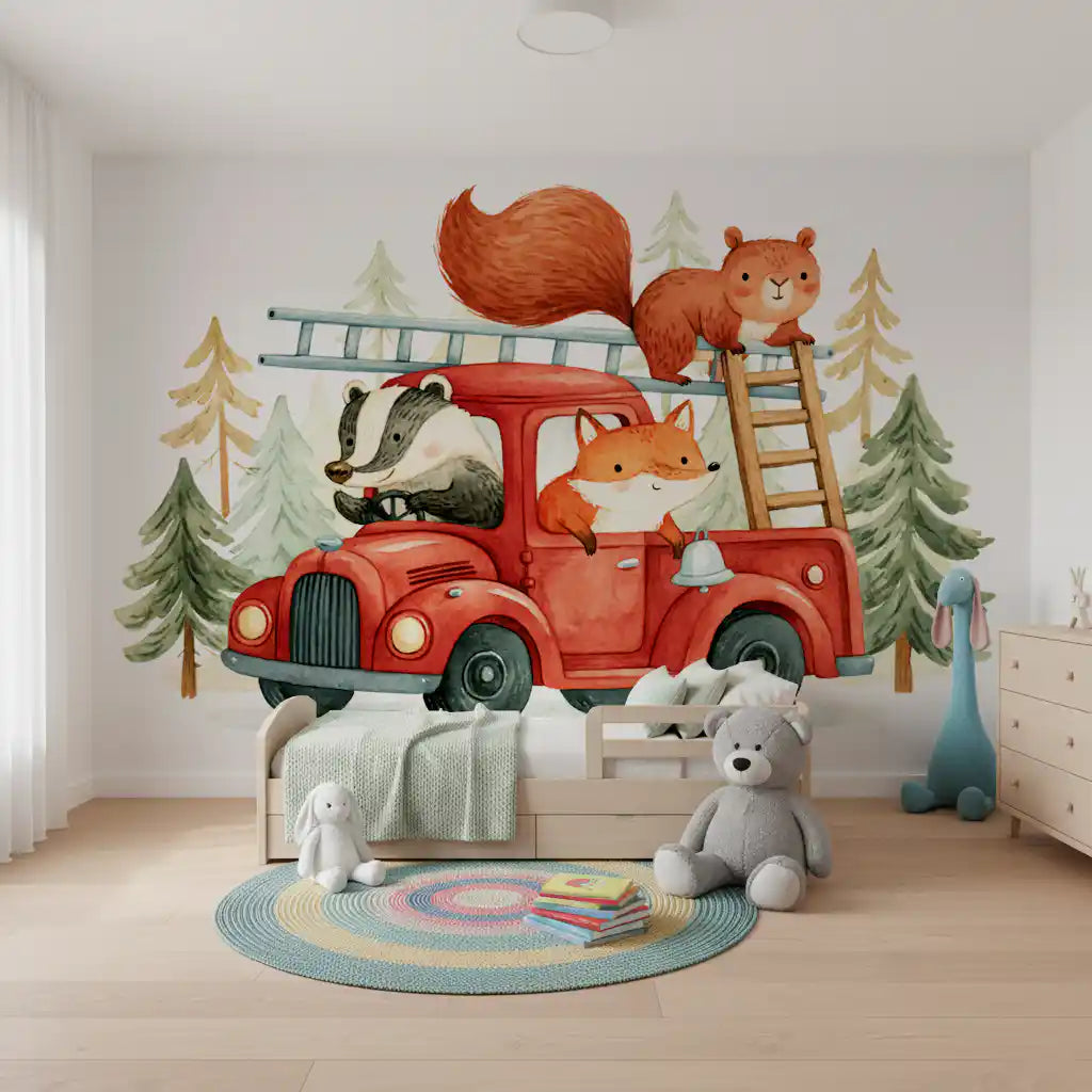 Wandbild mit Waldbrandlöschern und tierischem Abenteuer