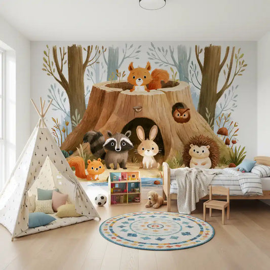 Papier peint panoramique représentant une scène forestière avec des animaux autour d’une souche