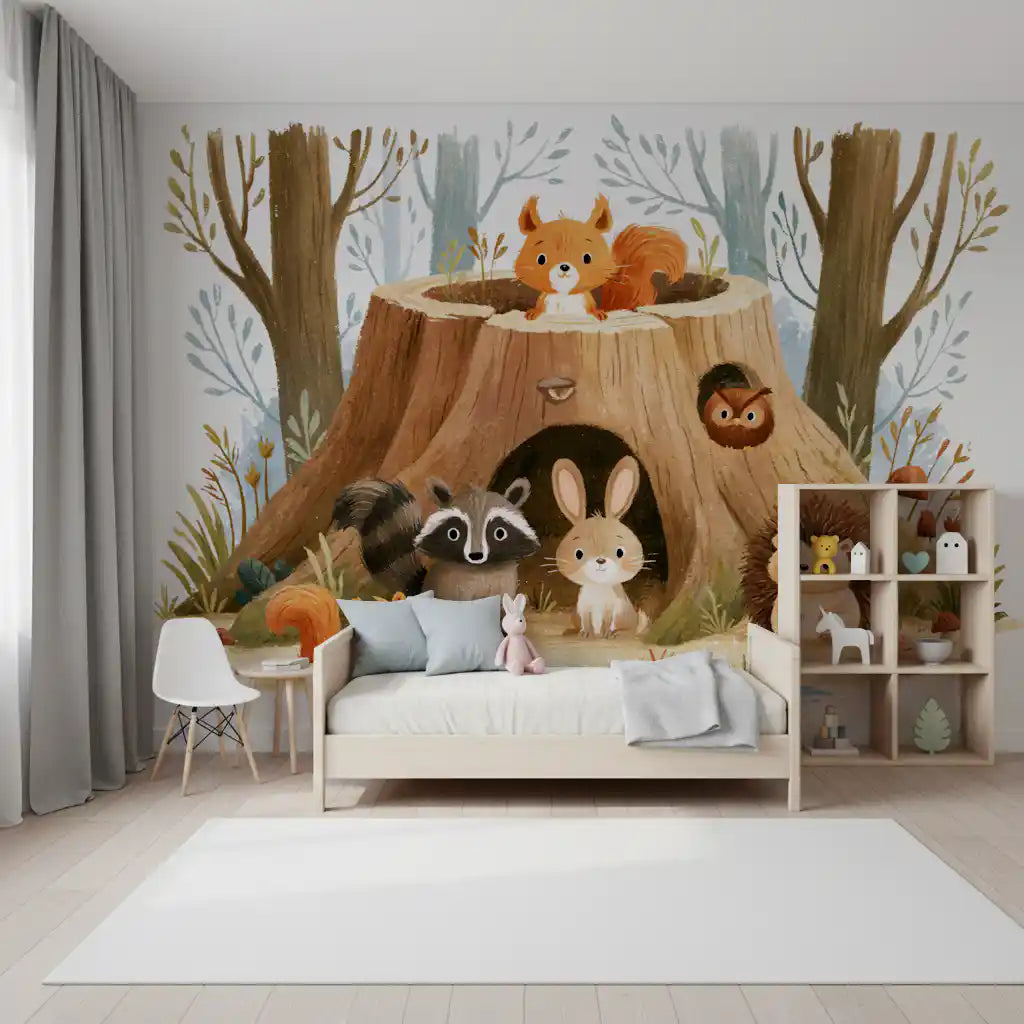 Papier peint panoramique représentant une scène forestière avec des animaux autour d’une souche