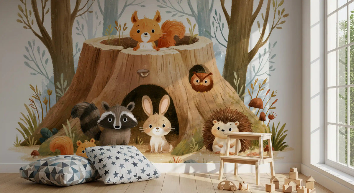 Papier peint panoramique représentant une scène forestière avec des animaux autour d’une souche