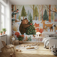 Fresque murale festive de Noël avec des amis de la forêt en hiver