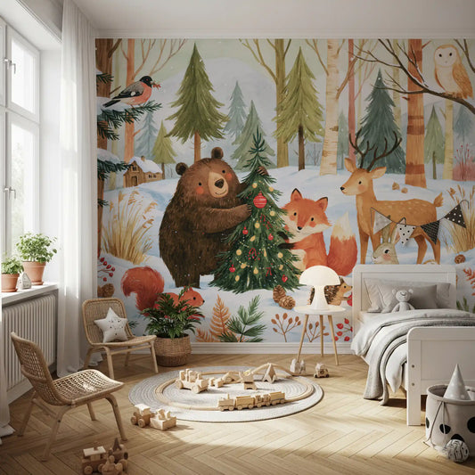 Fresque murale festive de Noël avec des amis de la forêt en hiver