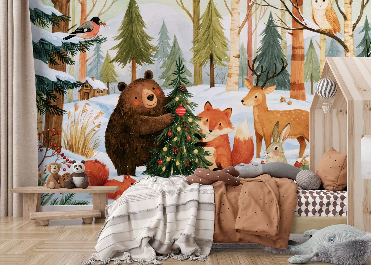 Fresque murale festive de Noël avec des amis de la forêt en hiver